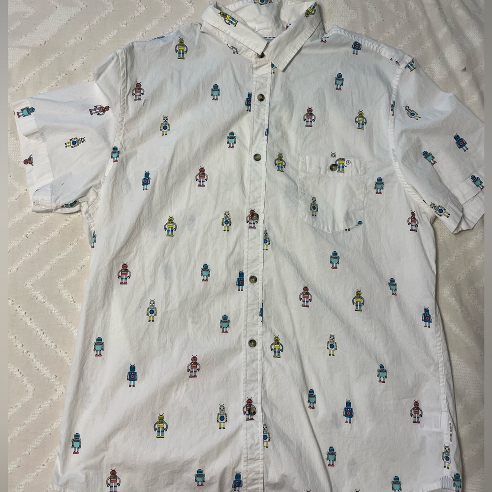 Reverse White Shirt with Multicolor Robot Pattern